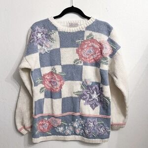 Vintage Karen Scott Flowers Checkered Ramie Cotton Sweater Large Cottage Grandma